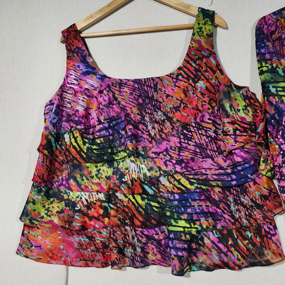 Alex Evenings Womens 1X 2 Piece Set Abstract Multi Color Tiered Top Shrug Jacket